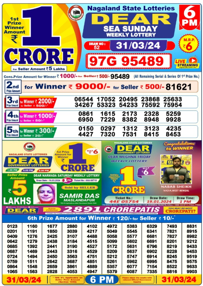 West Bengal State Lottery 6PM 1.4.2024 Today Lottery Sambad Result