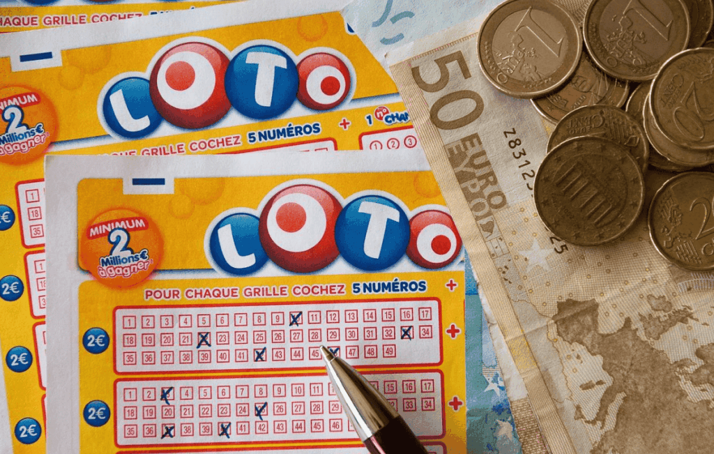 Lotto ticket with Euro notes and coins